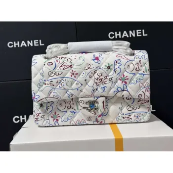 Chanel 25C A01112 Flap Bag  White  Pink Fabric Printed