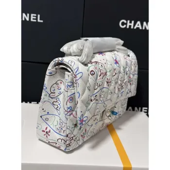 Chanel 25C A01112 Flap Bag  White  Pink Fabric Printed