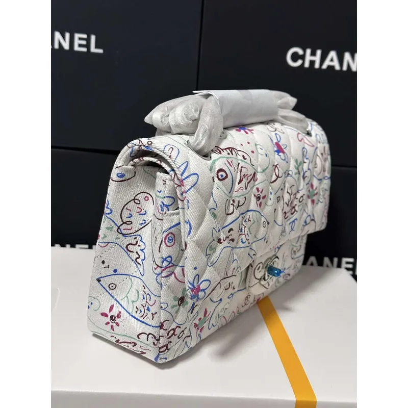 Chanel 25C A01112 Flap Bag  White  Pink Fabric Printed