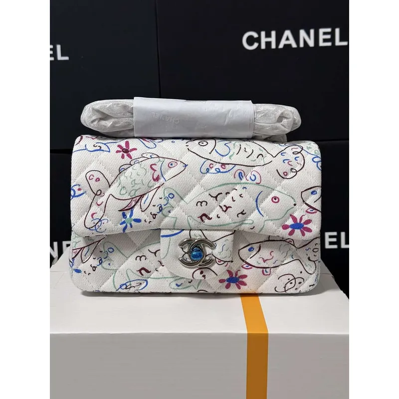 Chanel A69900 25C Mini Flap Fabric Printed  AS1116 White