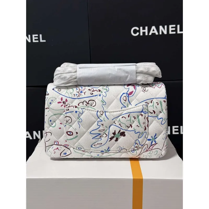 Chanel A69900 25C Mini Flap Fabric Printed  AS1116 White