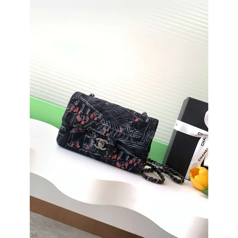 Chanel A69900 25c Mini Flap Black Fabric Printed  AS1116 Black