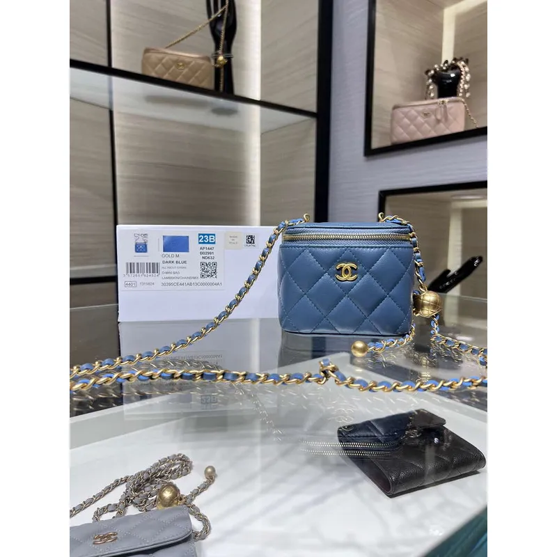 Chanel AP1447 small Vanity with chain lambskin gold Adjustable small gold balls Blue