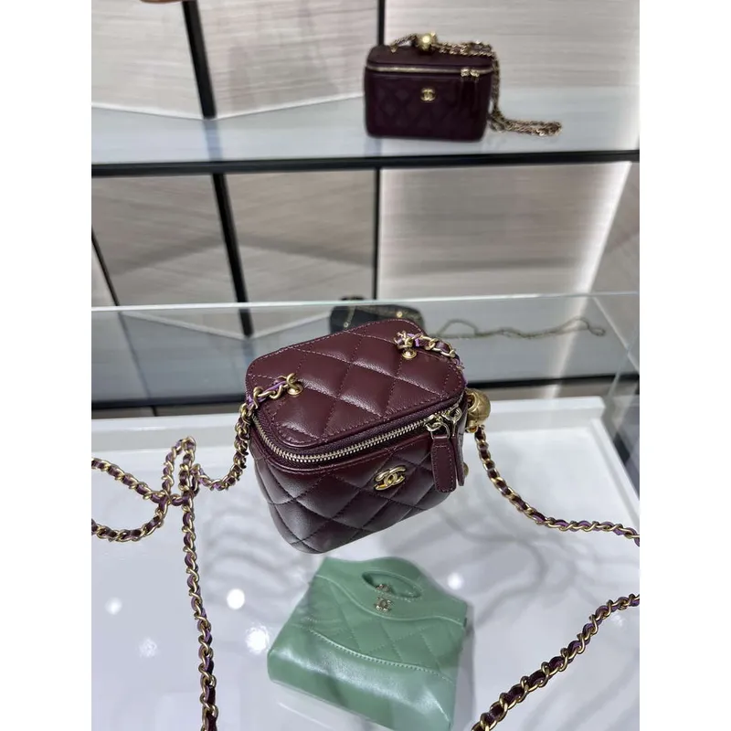 Chanel AP1447 small Vanity with chain lambskin gold Adjustable small gold balls Wine Red