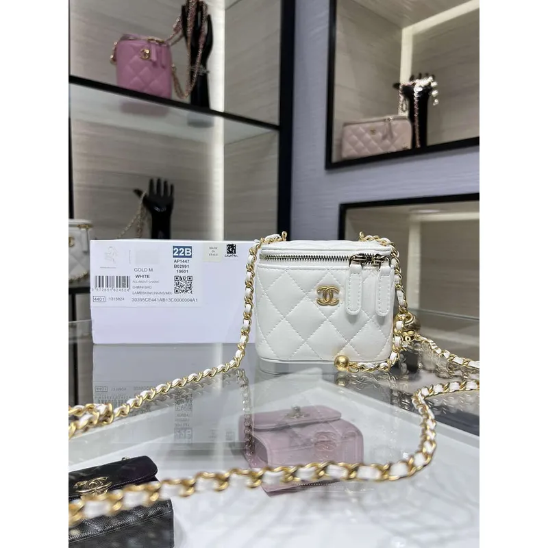 Chanel AP1447 small Vanity with chain lambskin gold Adjustable small gold balls White