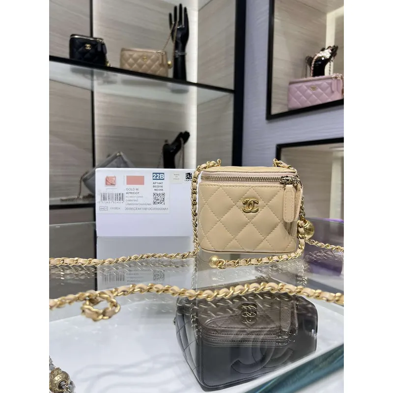 Chanel AP1447 small Vanity with chain lambskin gold Adjustable small gold balls Apricot