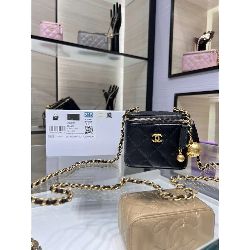Chanel AP1447 small Vanity with chain lambskin gold Adjustable small gold balls Black