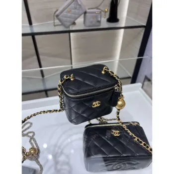Chanel AP1447 small Vanity with chain lambskin gold Adjustable small gold balls Black