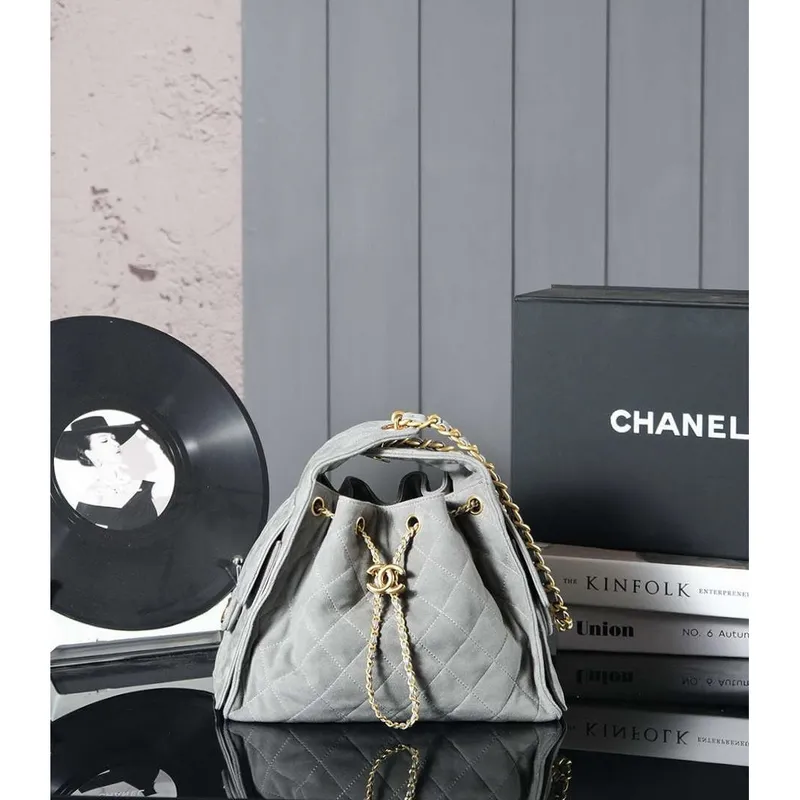 Chanel AS5293 Small Hobo Suede & Gold Tone Metal Elephant Gray