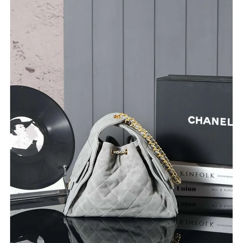 Chanel AS5293 Small Hobo Suede & Gold Tone Metal Elephant Gray