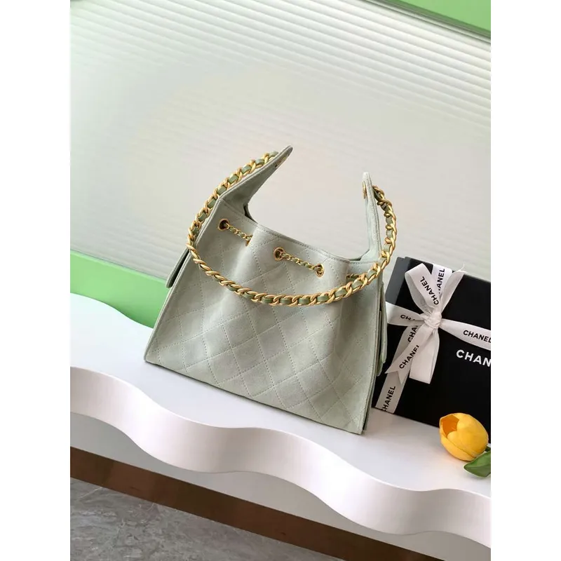 Chanel AS5293 Small Hobo Suede & Gold Tone Metal Light Green