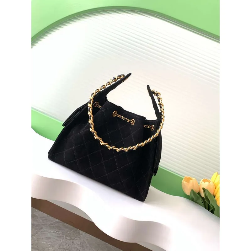 Chanel AS5293 Small Hobo Suede & Gold Tone Metal Black