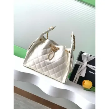 Chanel AS5293 Small Hobo Shiny Lambskin & Gold Tone Metal White