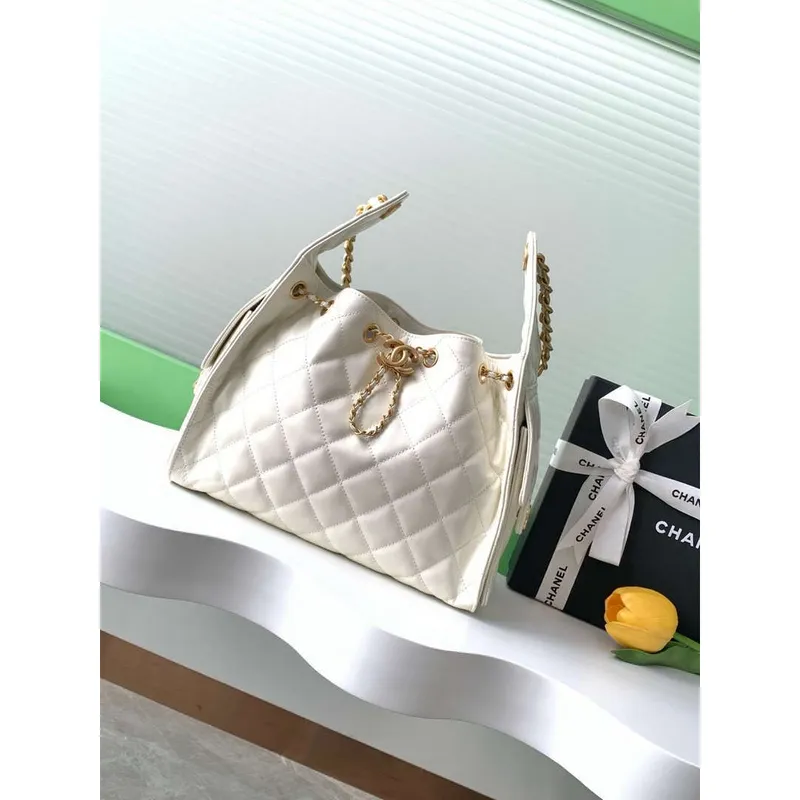 Chanel AS5293 Small Hobo Shiny Lambskin & Gold Tone Metal White