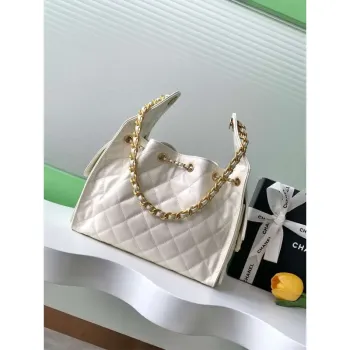 Chanel AS5293 Small Hobo Shiny Lambskin & Gold Tone Metal White
