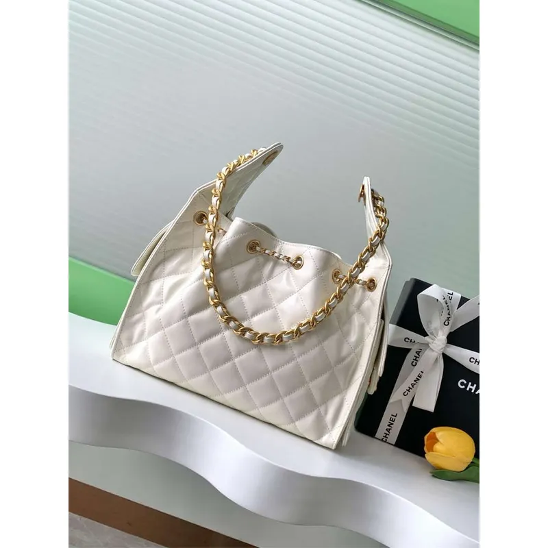 Chanel AS5293 Small Hobo Shiny Lambskin & Gold Tone Metal White