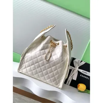 Chanel AS5311 Large Hobo Shiny Lambskin & Gold Tone Metal White