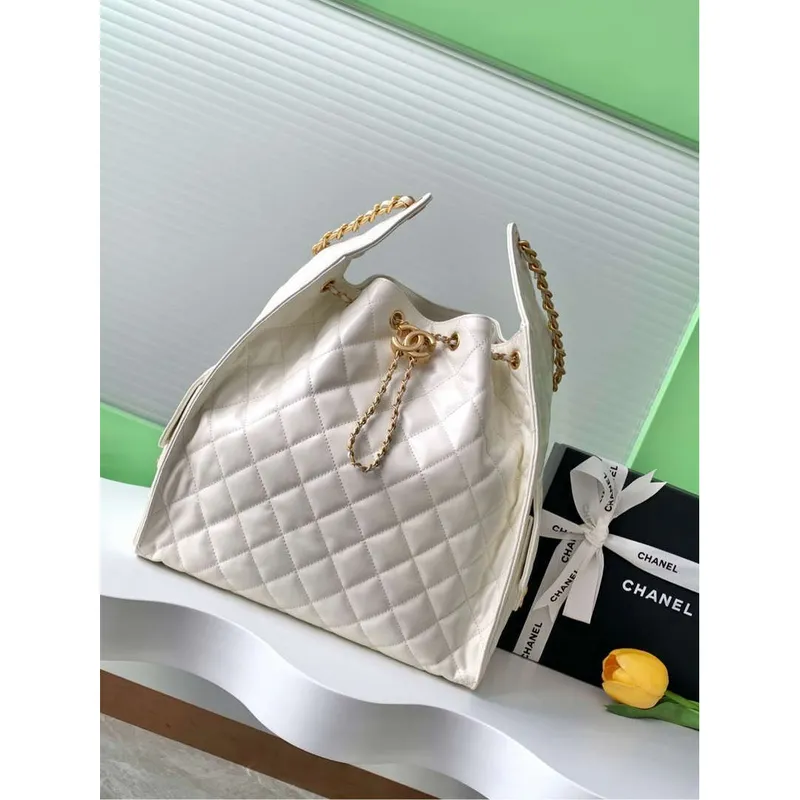Chanel AS5311 Large Hobo Shiny Lambskin & Gold Tone Metal White
