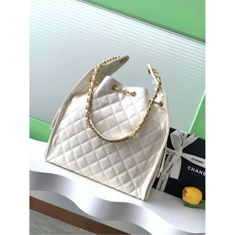 Chanel AS5311 Large Hobo Shiny Lambskin & Gold Tone Metal White