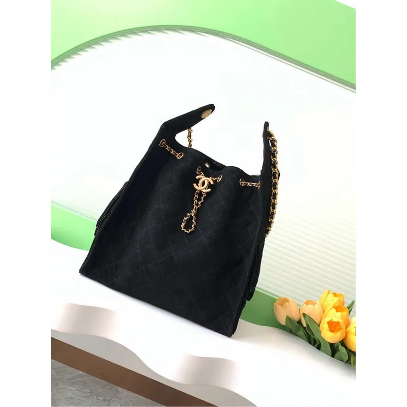 Chanel AS5311 Large Hobo Suede & Gold Tone Metal Black
