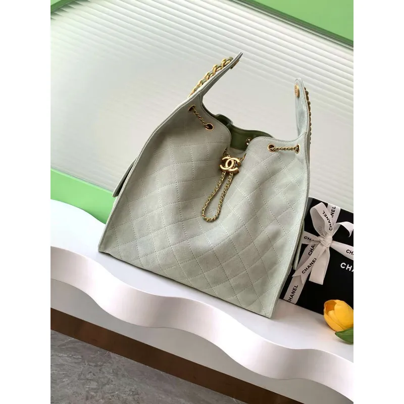 Chanel AS5311 Large Hobo Suede & Gold Tone Metal Light Green