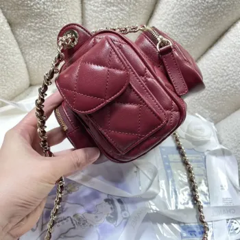 Chanel AS5220 Small Camera Case Bag Shiny Crumpled Lambskin & Gold Tone Metal Wine Red