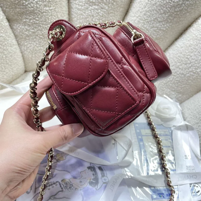 Chanel AS5220 Small Camera Case Bag Shiny Crumpled Lambskin & Gold Tone Metal Wine Red