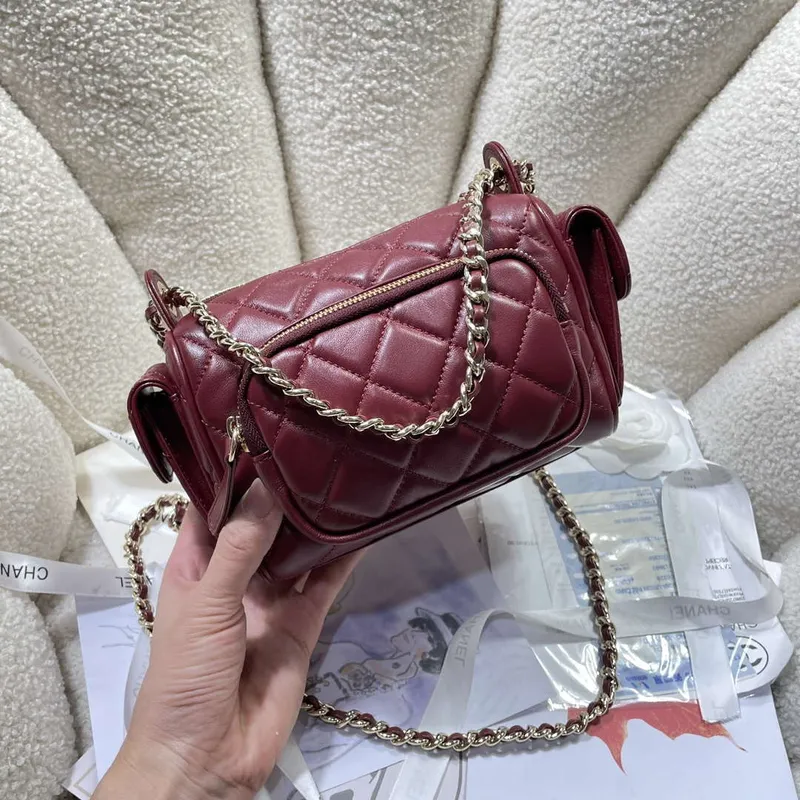 Chanel AS5220 Small Camera Case Bag Shiny Crumpled Lambskin & Gold Tone Metal Wine Red