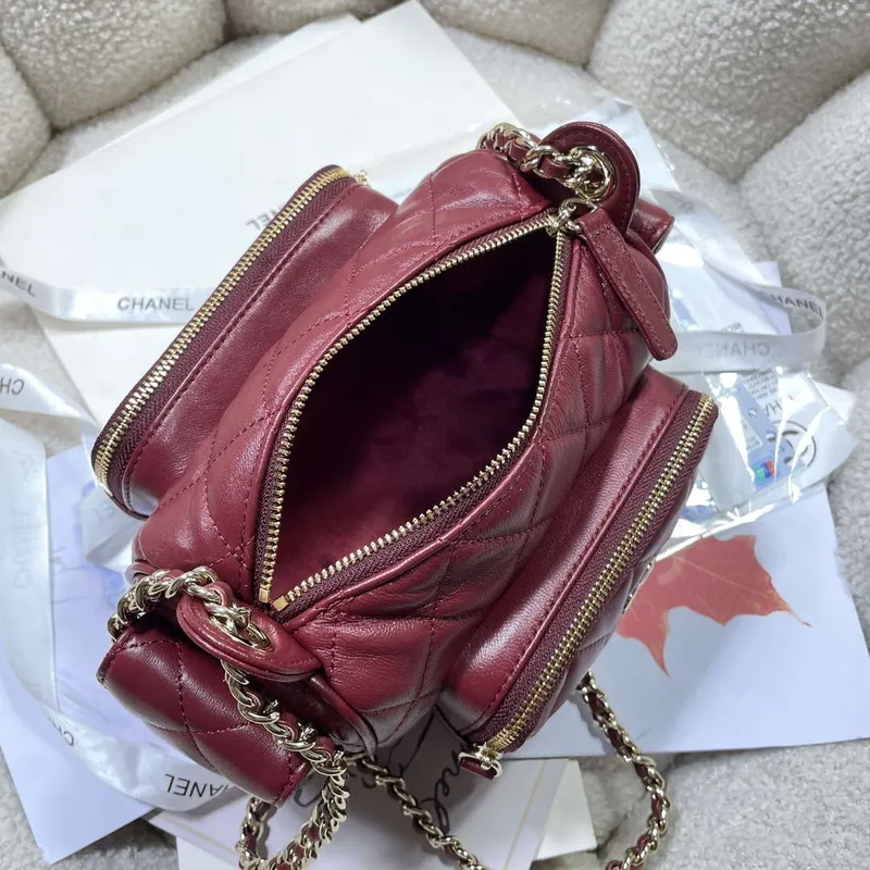 Chanel AS5220 Small Camera Case Bag Shiny Crumpled Lambskin & Gold Tone Metal Wine Red