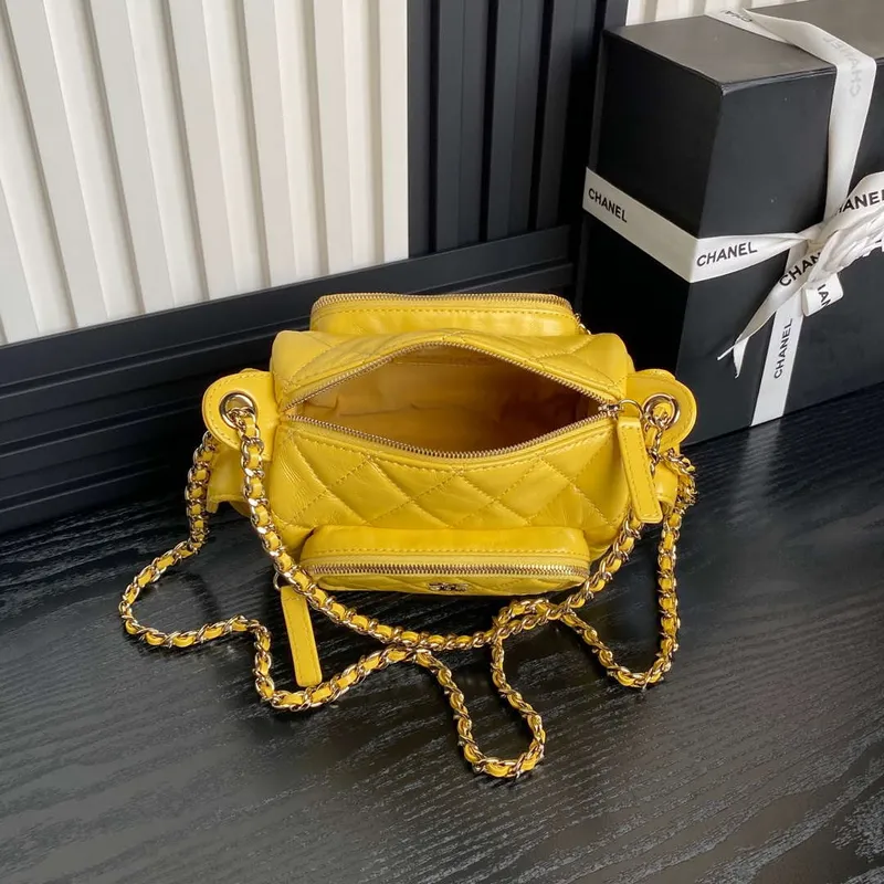 Chanel AS5220 Small Camera Case Bag Shiny Crumpled Lambskin & Gold Tone Metal Yellow