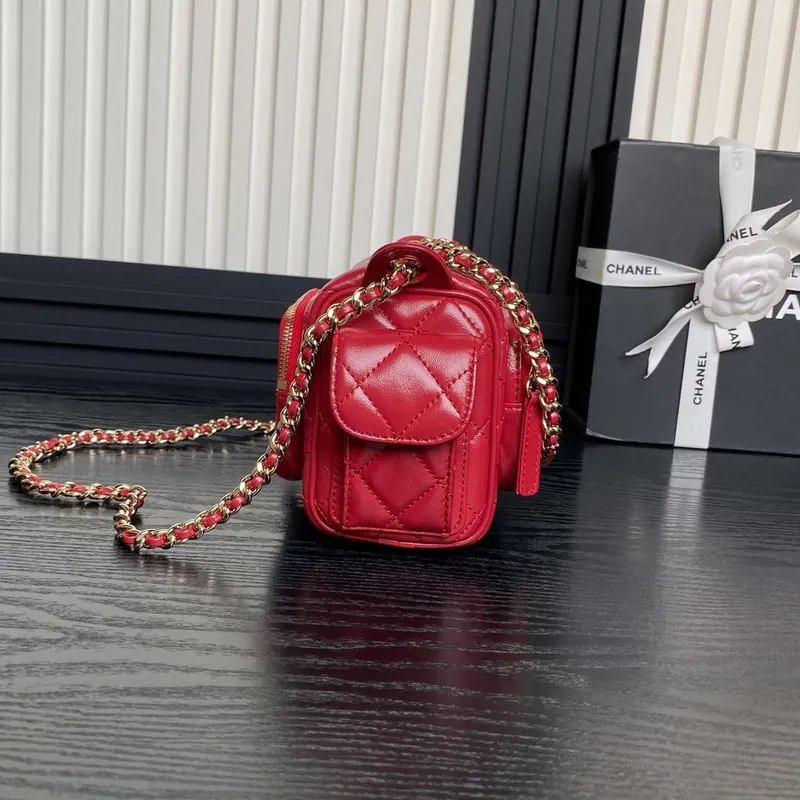 Chanel AS5220 Small Camera Case Bag Shiny Crumpled Lambskin & Gold Tone Metal Red