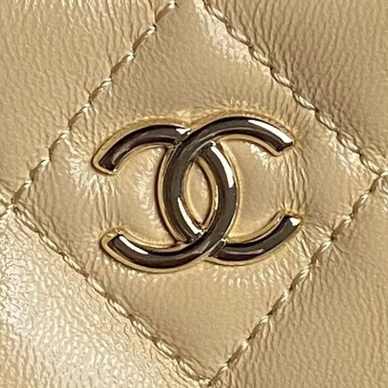 Chanel AS5220 Small Camera Case Bag Shiny Crumpled Lambskin & Gold Tone Metal Apricot