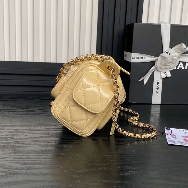 Chanel AS5220 Small Camera Case Bag Shiny Crumpled Lambskin & Gold Tone Metal Apricot