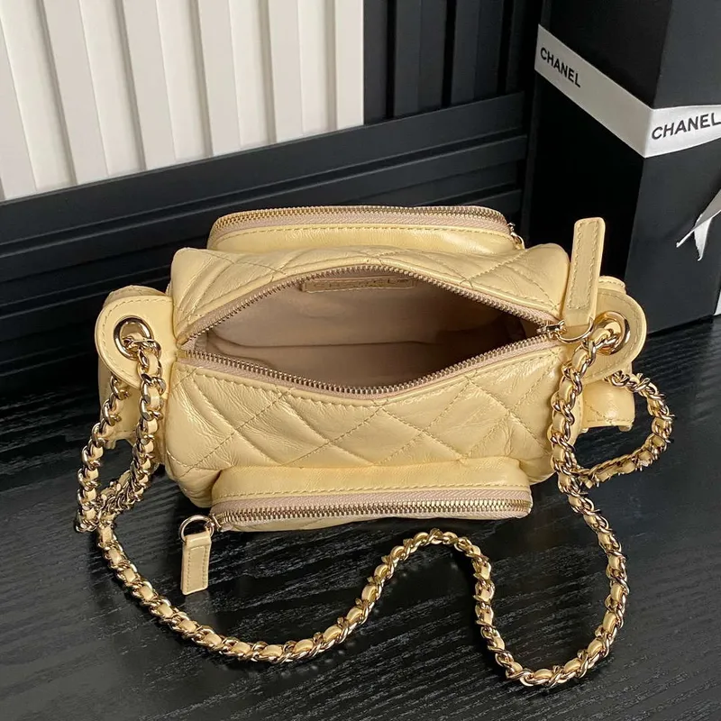 Chanel AS5220 Small Camera Case Bag Shiny Crumpled Lambskin & Gold Tone Metal Apricot