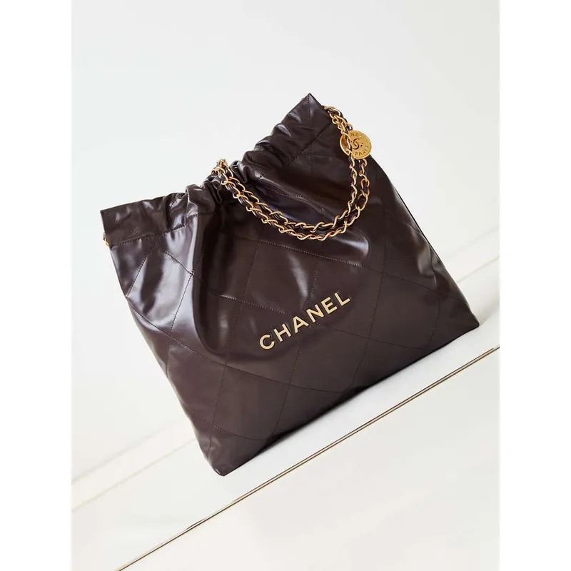 Chanel 22 AS3260 Small Handbag Shiny Calfskin Dark Brown