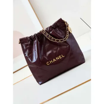 Chanel 22 AS3260 Small Handbag Shiny Calfskin Dark Red Gold
