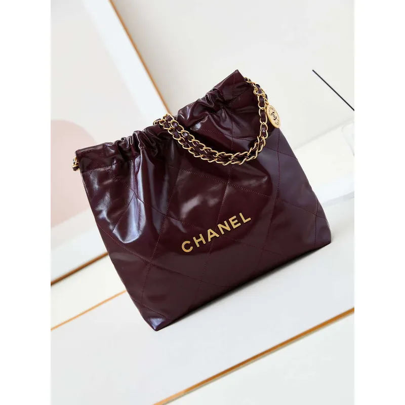 Chanel 22 AS3260 Small Handbag Shiny Calfskin Dark Red Gold