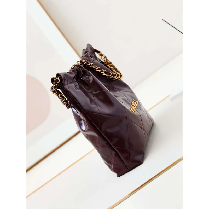 Chanel 22 AS3260 Small Handbag Shiny Calfskin Dark Red Gold