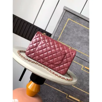 Chanel A01112 Flap Classic 11.12 Handbag Lambskin & Gold Tone Metal Wine Red