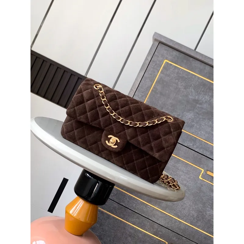 Chanel A01112 Flap Classic 11.12 Handbag Suede leather & Gold Tone Metal Dark Brown