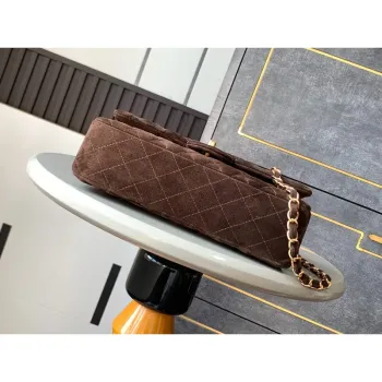 Chanel A01112 Flap Classic 11.12 Handbag Suede leather & Gold Tone Metal Dark Brown