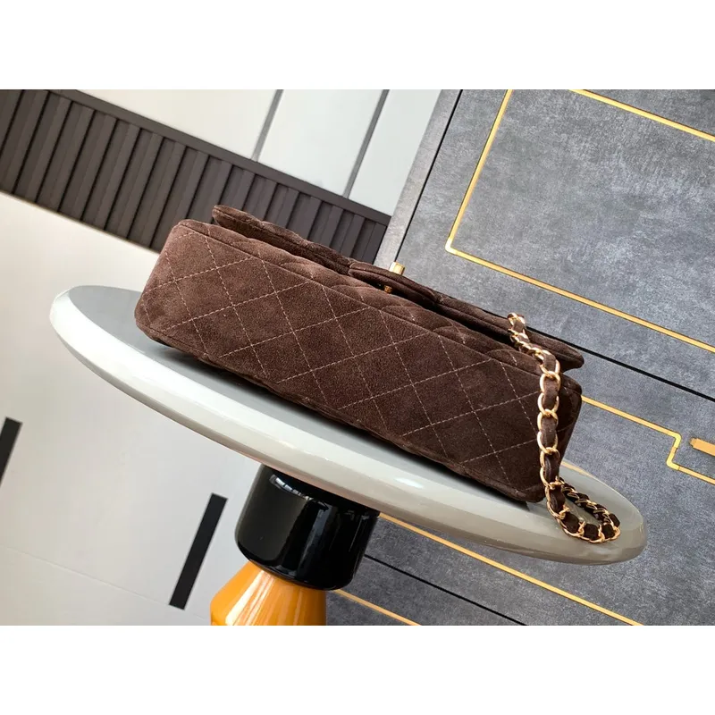 Chanel A01112 Flap Classic 11.12 Handbag Suede leather & Gold Tone Metal Dark Brown