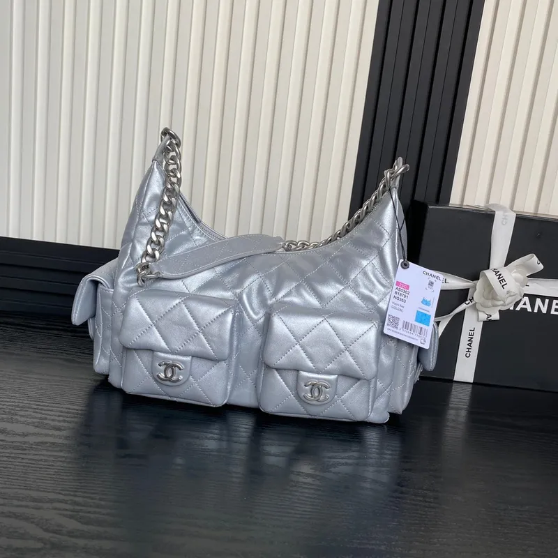 Chanel AS5302 Hobo Shiny Lambskin & Gold Tone Metal Silver