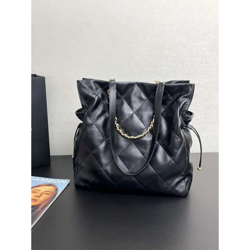 Chanel AS5315 Shopping Bag Shiny Lambskin & Gold Tone Metal Black