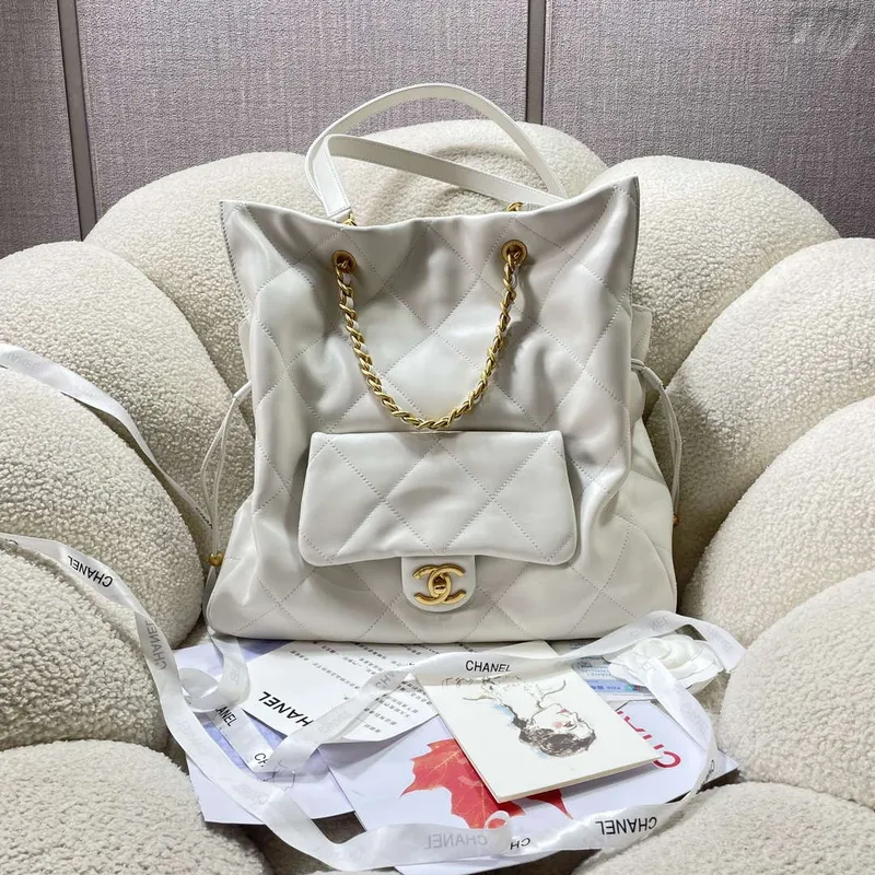 Chanel AS5315 Shopping Bag Shiny Lambskin & Gold Tone Metal  White