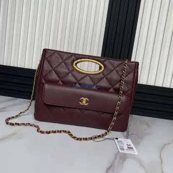 Chanel 25C AS5036 Small Tote Lambskin & Gold Tone Metal Wine Red