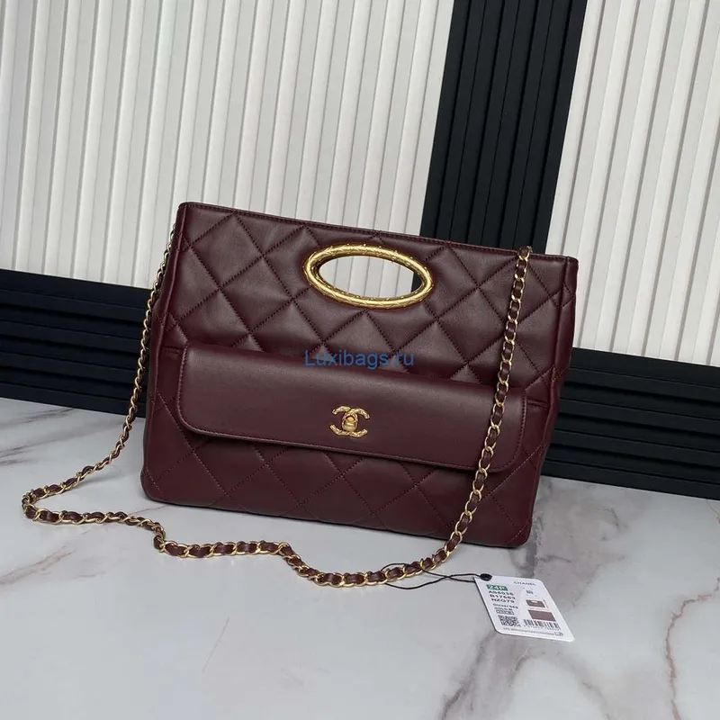 Chanel 25C AS5036 Small Tote Lambskin & Gold Tone Metal Wine Red