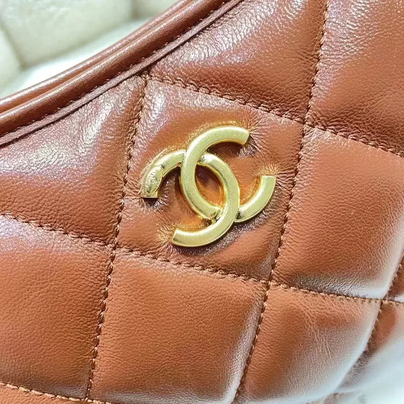 Chanel AS4922 Small Hobo Shiny Lambskin & Gold Tone Metal Brown