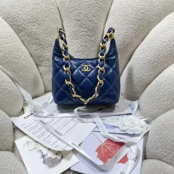 Chanel AS4922 Small Hobo Shiny Lambskin & Gold Tone Metal Navy Blue