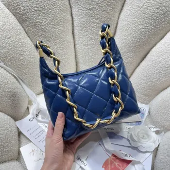 Chanel AS4922 Small Hobo Shiny Lambskin & Gold Tone Metal Navy Blue